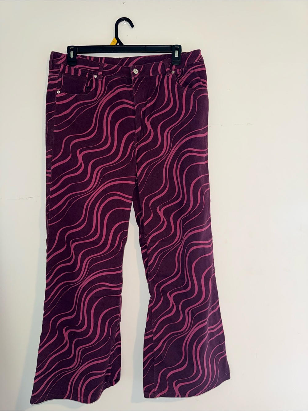Divided Maroon and Pink Wave-Print Flare Pants